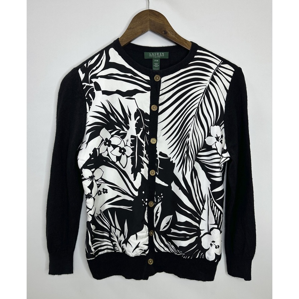Lauren Ralph Lauren Silk Cashmere Tropical Floral Cardigan Black White Petite M - Picture 14 of 14
